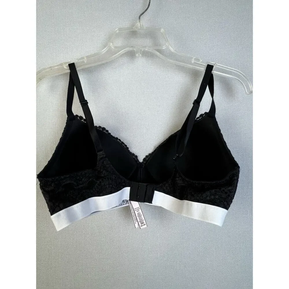 Victoria's Secret Bra Women's 36C Black Lace Lightly Padded No Wire Logo